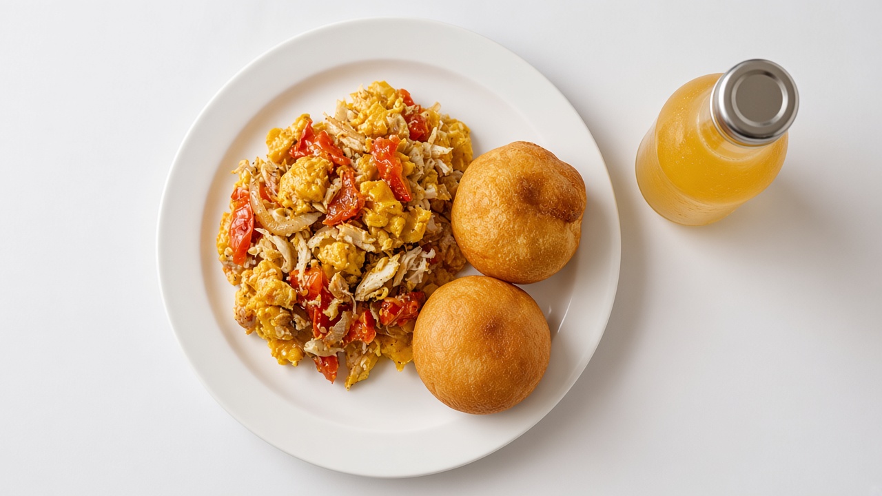 Ackee and saltfish with fried dumpling and a bottle of pineapple ginger