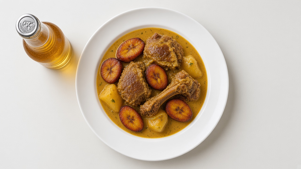 Curry goat with fried plantain and a bottle of ginger beer
