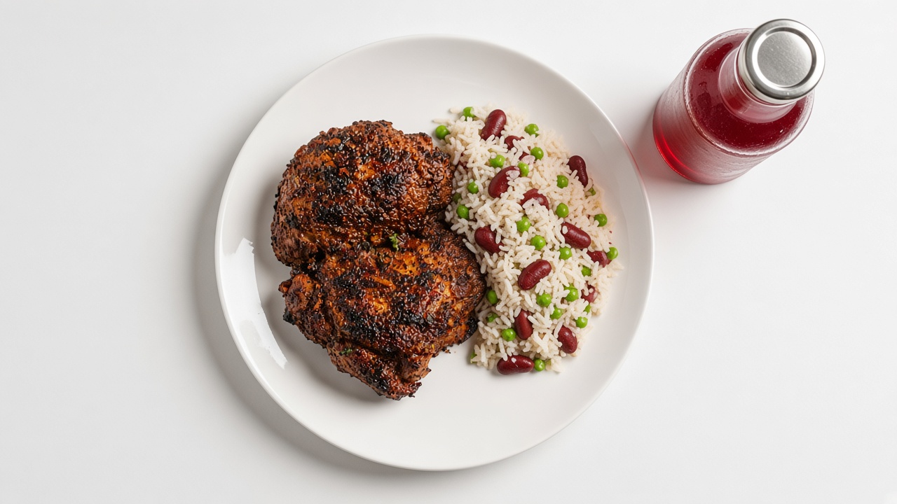 Jerk chicken with rice and peas and a bottle of sorrel